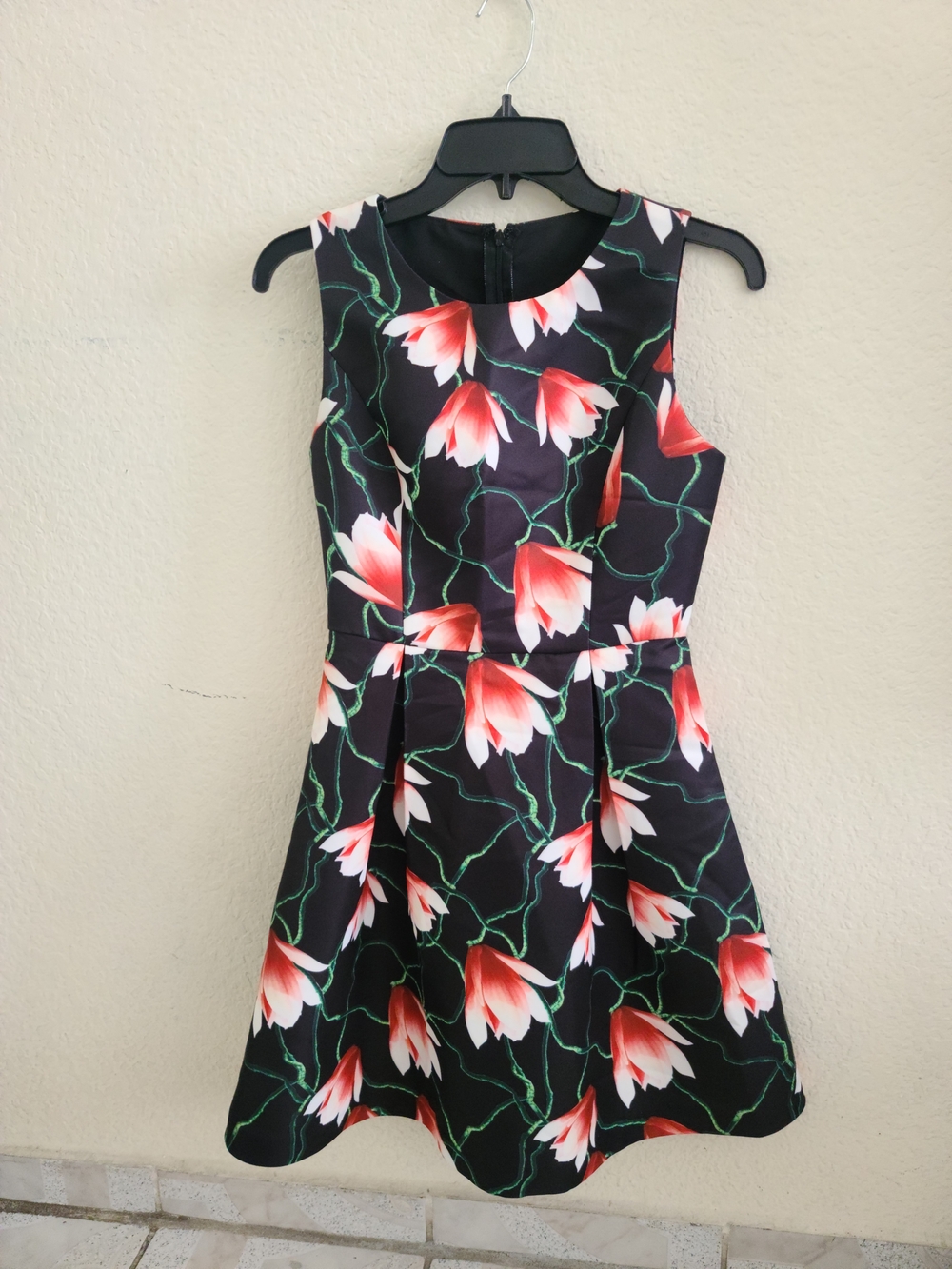 Sleeveless Black Mini Dress with Red & White Floral Print